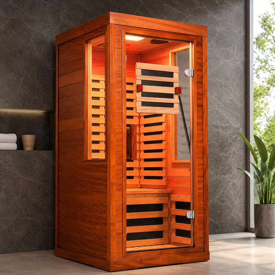 Seizeen Infrared Sauna with Red Light Lamp, 1-2 Persons Indoor Dry Sauna Room with 7 Carbon Crystal Heaters, Low EMF Okoume Wood Home Sauna Beaty Lamp, 7 Color Chromotherapy, Bluetooth Speaker