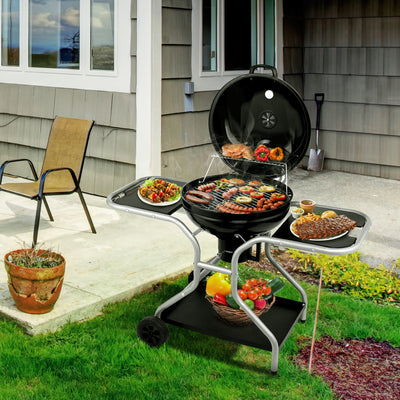 Outdoor Kettle Charcoal Grill, Portable Patio Barbecue on Wheels, 22.5'' Grill with Side Table&Ash Catcher, for Backyard Camping