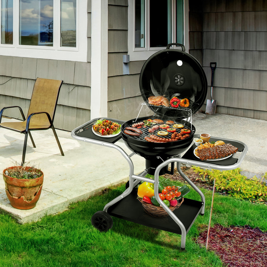 Outdoor Kettle Charcoal Grill, Portable Patio Barbecue on Wheels, 22.5'' Grill with Side Table&Ash Catcher, for Backyard Camping