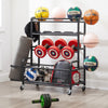 Garage Sports Equipment Organizer, 4-Tier Ball Storage Organizer Cart on Wheels, Indoor Outdoor Yoga Mat Ball Storage Rack with Basket & Hooks