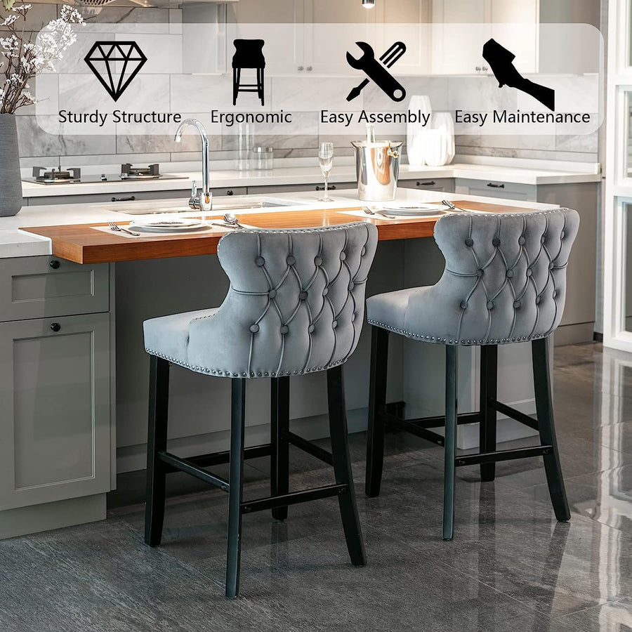Seizeen Counter Height Bar Stools, Set of 2, Wing-back Velvet Dining Chairs with Soft Cushion, Solid Wood Legs, Button Tufted Decoration and Chrome Nailhead Trim, Gray