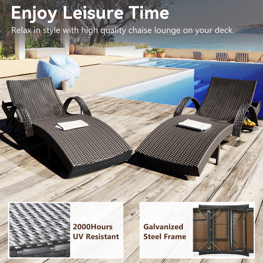 Pool Lounge Chair Set of 2, Outdoor Wicker Rattan Chaise Lounge with Pull-out Side Table, 4-Position Adjustable Backrest Patio Chairs Recliner Lounger, Dark Brown
