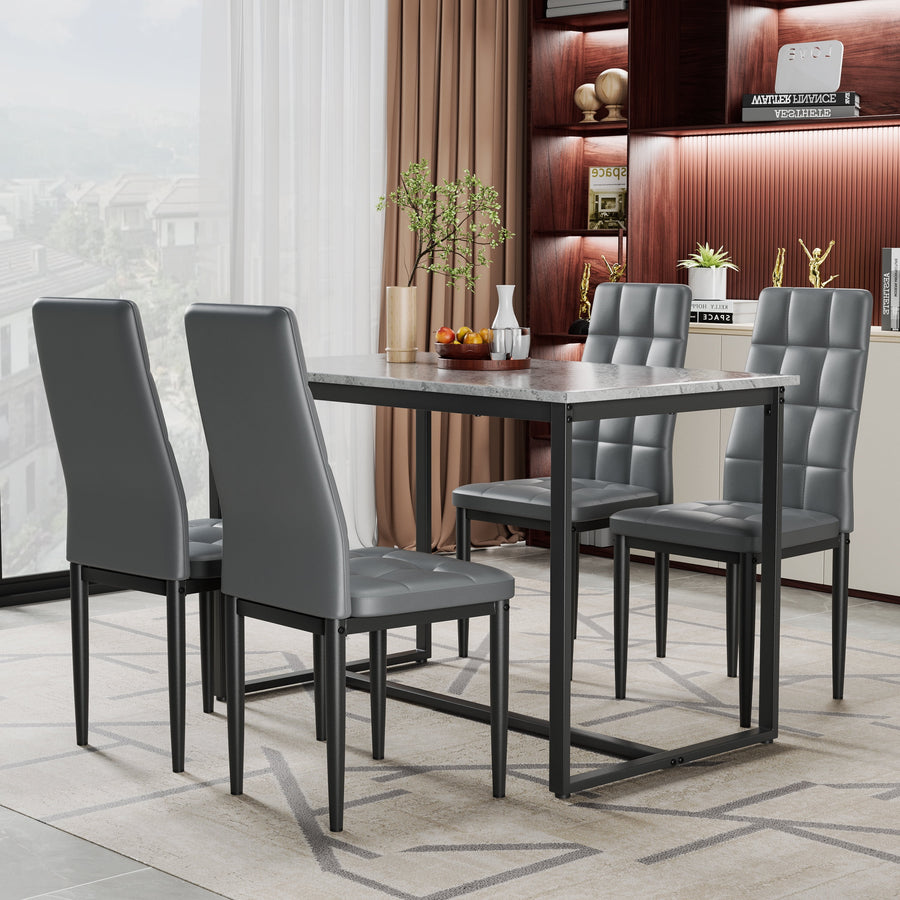 Dining Table Set for 4, Minimalism Kitchen Table Set, Dinner Table Set with Marble Tabletop and Luxurious Leather Chair, Dining Room Table w/ Bold Metal Frame