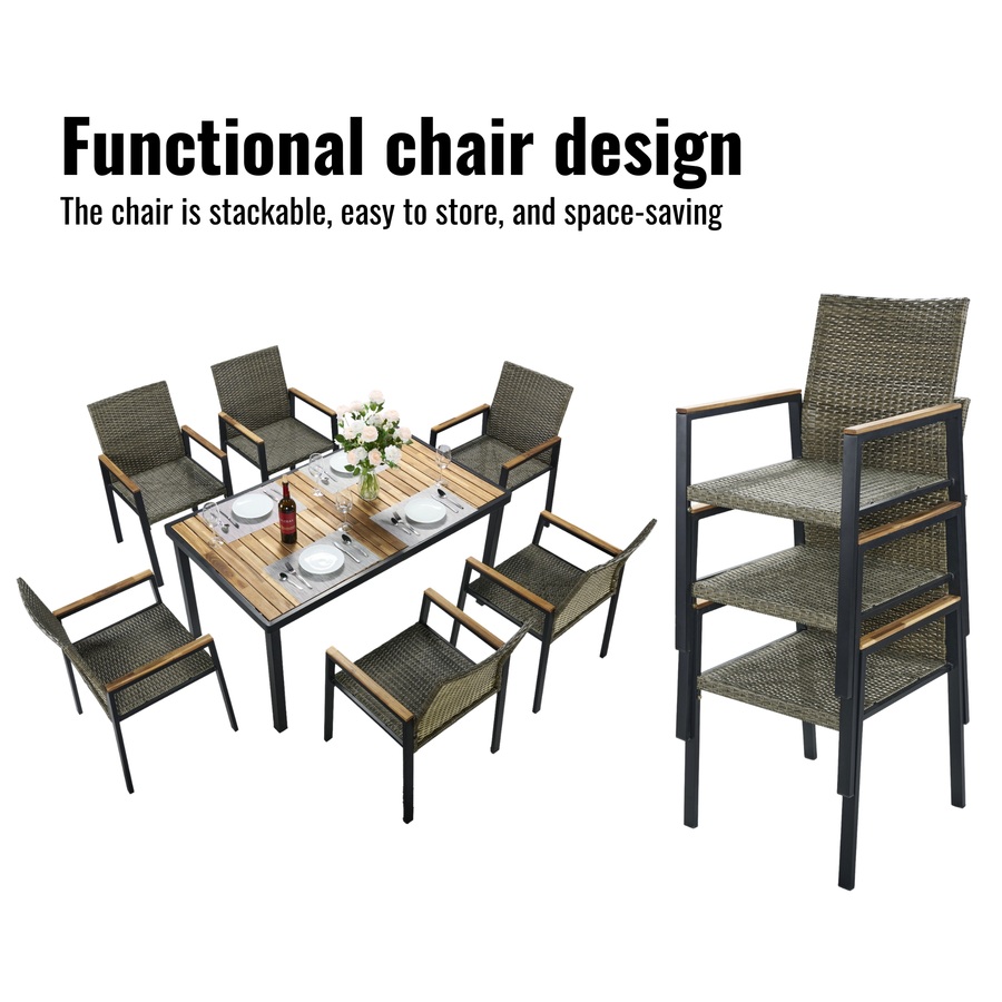 Seizeen 7-Piece Outdoor Table and Chairs, Patio Table Set with 6 Rattan Chairs, All-weather Outdoor Patio Dining Sets Rectangular Metal Table with Acacia Wood Top, Umbrella Hole, Gray