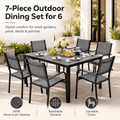 Outdoor Dining Table & Chairs, Patio Dining Sets with 6 Stackable Textilene Armchairs, All-Weather Plastic Furniture Dining Set Steel Frame and Wood Grain Top Table
