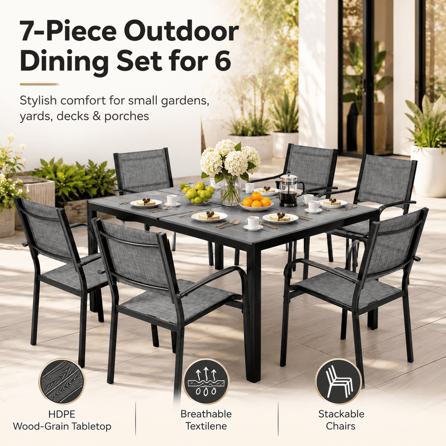 Outdoor Dining Table & Chairs, Patio Dining Sets with 6 Stackable Textilene Armchairs, All-Weather Plastic Furniture Dining Set Steel Frame and Wood Grain Top Table