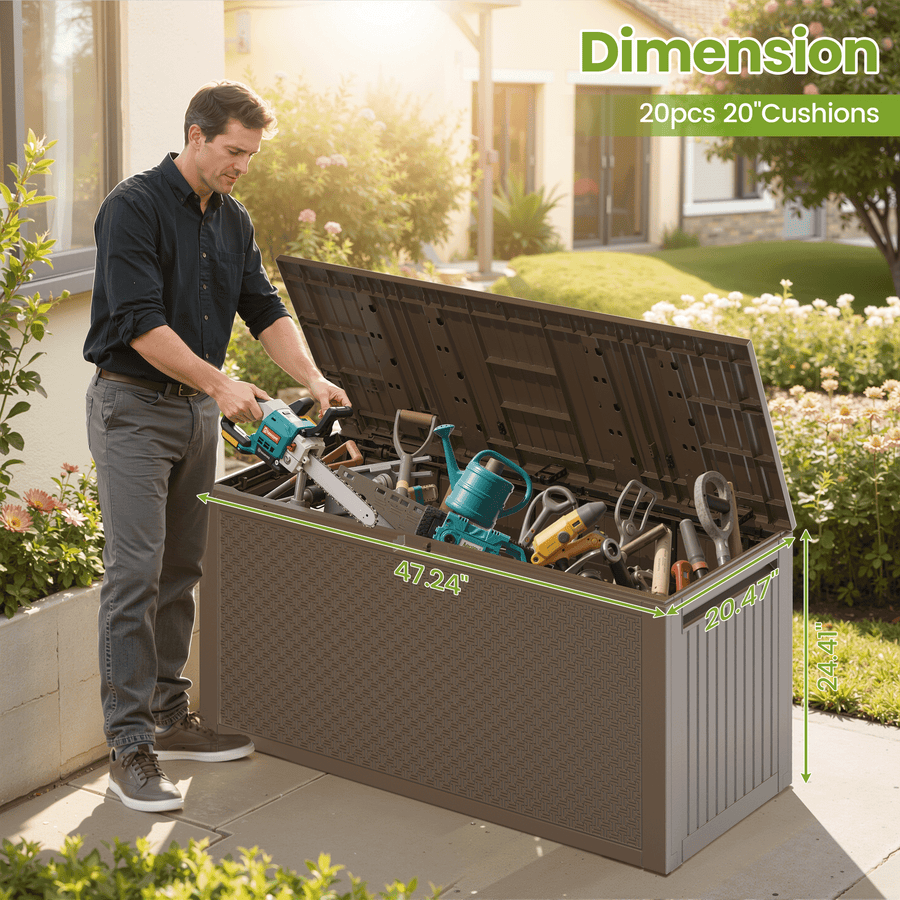 Seizeen Outdoor Storage Box Clearance, 90Gal Resin Deck Box Waterproof on Clearance, Pool Storage Bench Max 485LBS, Plastic Delivery Boxes for Outside Patio Garden, Brown