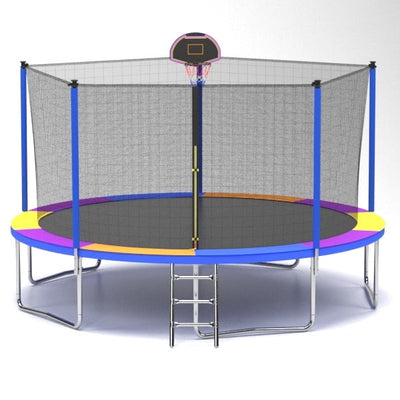 12FT Trampoline for Kids - Seizeen Round Trampoline W/ Enclosure Net & Hoop, Outdoor Colorful Trampoline with Waterproof Cover & Ladder, Large Capacity 1500?lbs