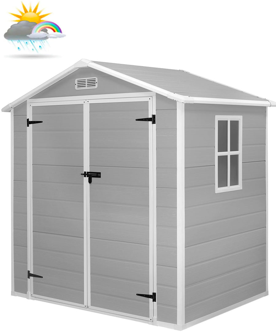 Seizeen Plastic Shed with Floor, 6 x 4.4FT Sloped Top Outdoor Storage Shed, Quick Assembly Resin Shed with Window, All-Weather Garden Tool Shed Lockable