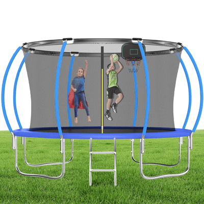 Seizeen Outdoor Kids Trampoline, 12FT Large Trampoline with Basketball Hoop & Enclosure, New Style Round Pumpkin Trampoline Anti-collision Curved Design, Blue