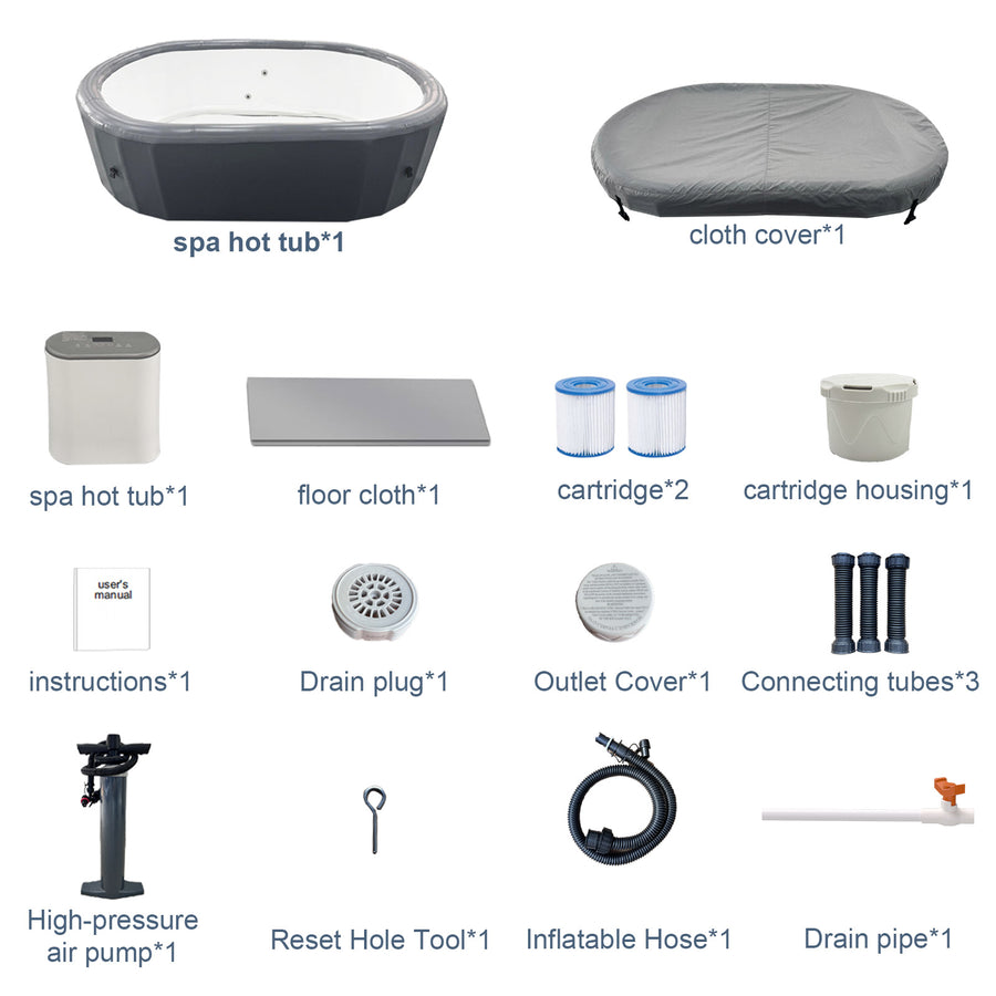 Inflatable Hot Tub Portable Oval Spa for 2-4 Person, 180 Bubble Jets Outdoor Hot Tub with Cover, Filter Cartridges, Pump, Floor Mat, Rapid Heating up to 104°F, Gray