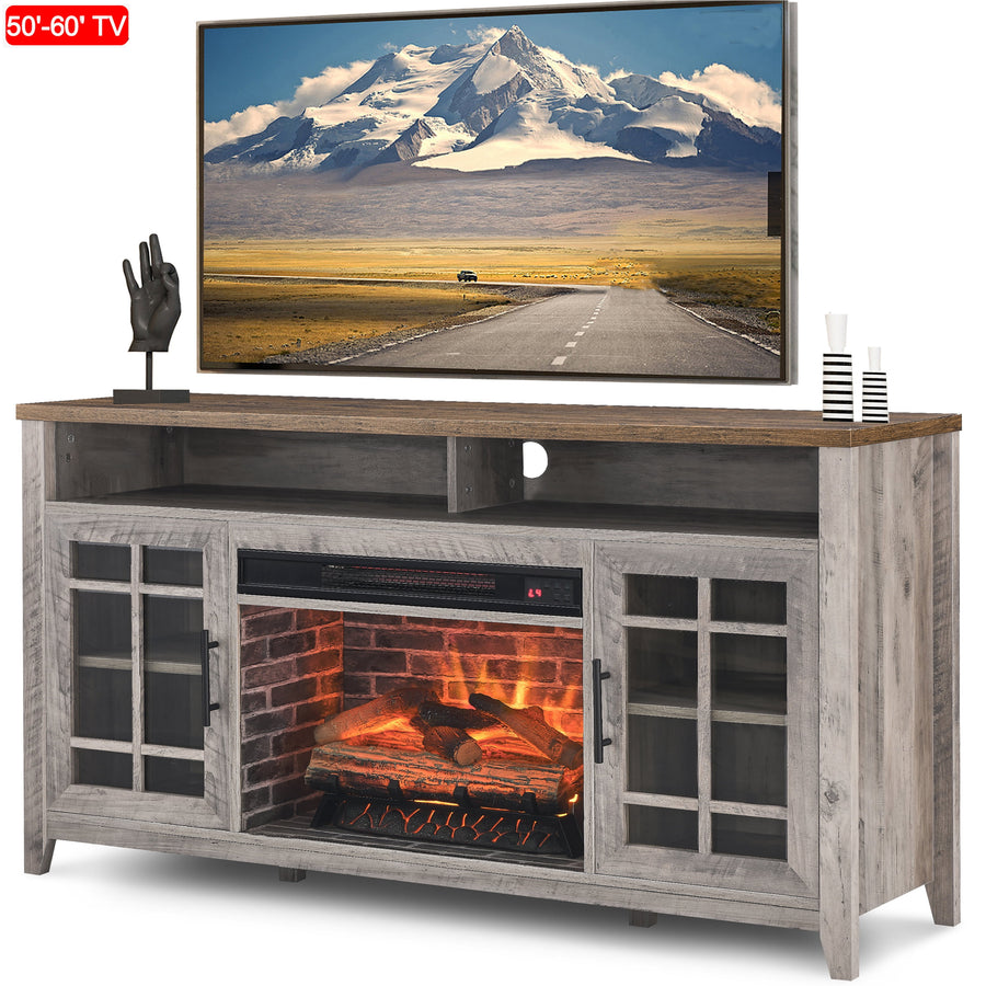 Seizeen Fireplace TV Stand for 60'' TV, 55''L Entertainment Center TV Cabinet, Farmhouse Media Console W/Large Storage, Remote Control for Fireplace, Infrared Heater & Virtual Flame, Gray