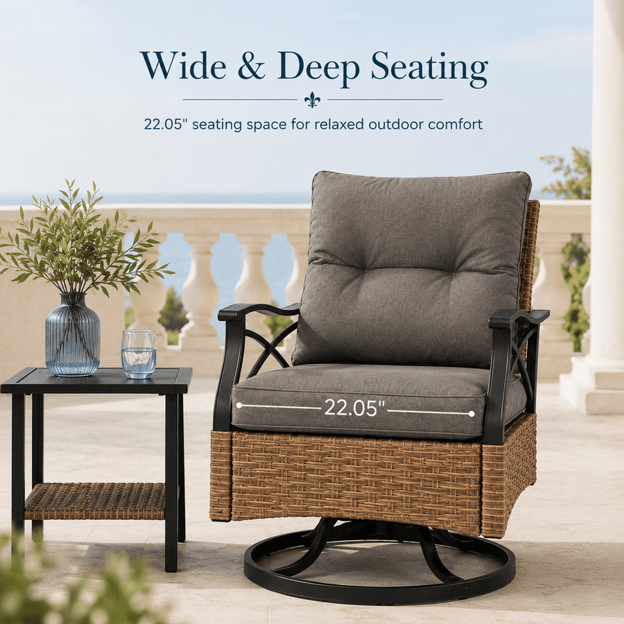 3 Pcs Patio Furniture Set Clearance, Outdoor Chair Set of 2 with 2-Tier Table, Front Porch Rattan Wicker Bistro Set Cushioned, Heavy-duty Steel 360°Swivel  Balcony Conversation Set