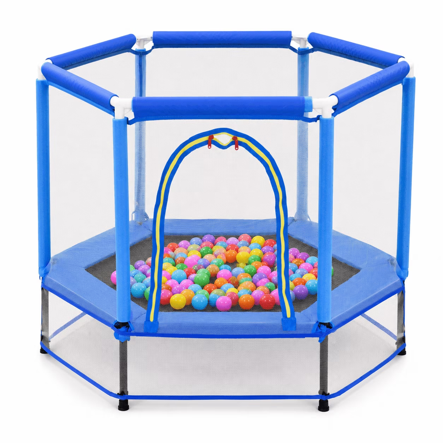 Mini Trampoline for Kids, 55'' Toddler Small Trampoline with Enclosure Net, Indoor Outdoor Toy for Boys Girls, with Ocean Balls, 6 Steel Supports, Blue