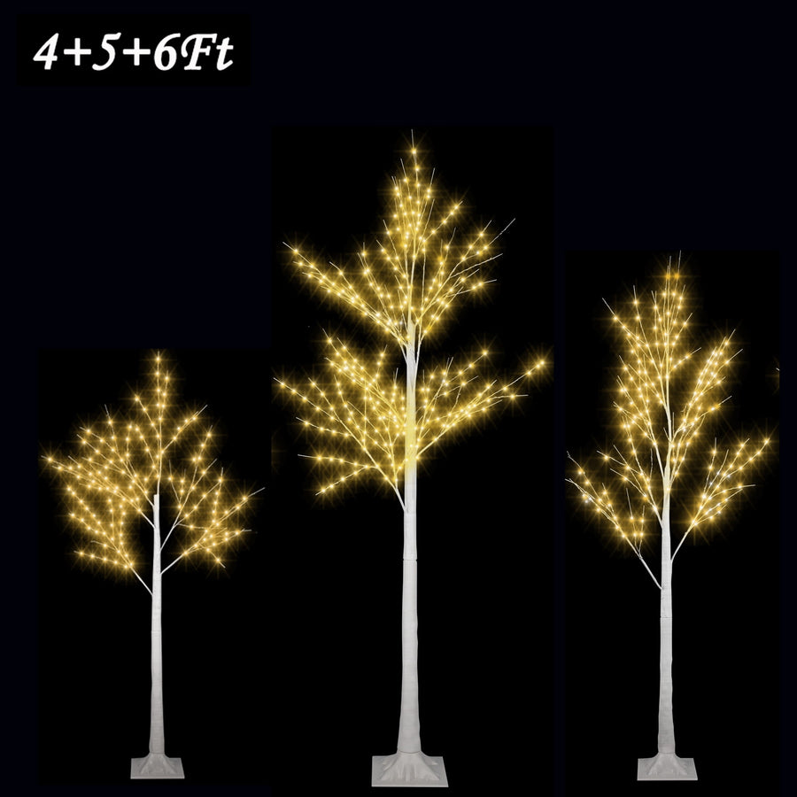 Artificial Lighted Birch Trees Set of 3, White Pre-Lit Christmas Trees for Outdoor Indoor, All Weather PVC Warm Lighted Tree Living Room Festival Party, 4¡¯ 5¡¯ 6¡¯