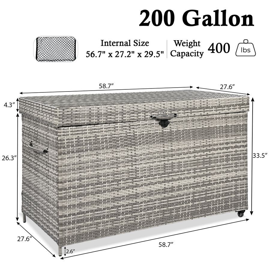 200Gal Deck Box Waterproof, Rattan Outdoor Storage Box on Wheels, Patio Raised Storage Bin with Zipper Liner, Mesh Pocket, Lockable Gas Rod Lid, for Pool Garden Toy Tool Rattan Furniture Cushions