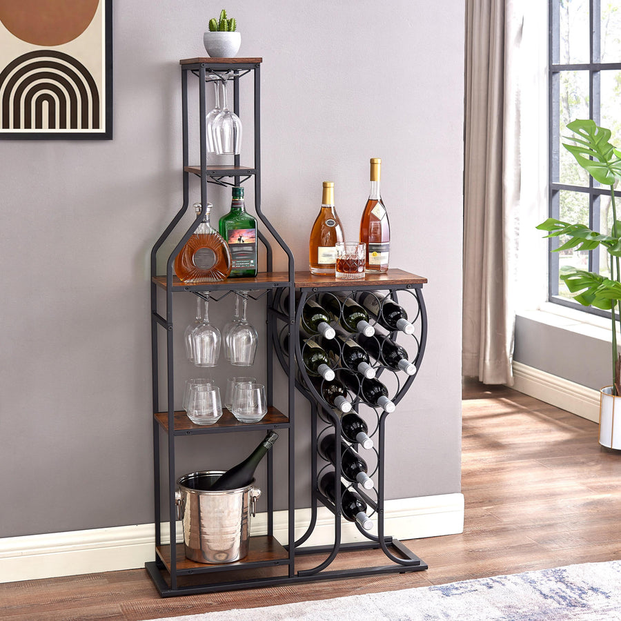 Wine Storage Rack, Seizeen Wine Storage Home Bar with 5-tier Shelves, 11-Bottle Wine Rack Table Liquor Cabinet w/ Glass Holder & Table Top, White Wine Display Shelf