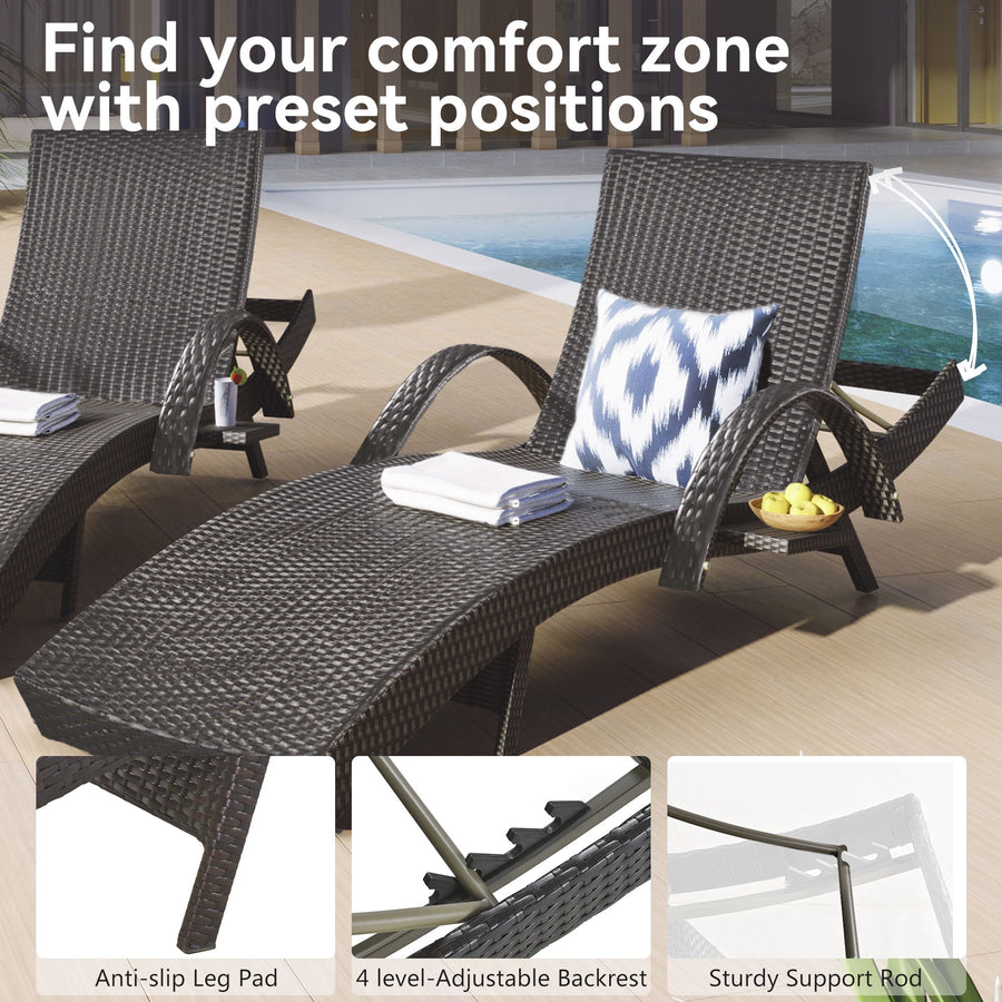 Pool Lounge Chair Set of 2, Outdoor Wicker Rattan Chaise Lounge with Pull-out Side Table, 4-Position Adjustable Backrest Patio Chairs Recliner Lounger, Dark Brown