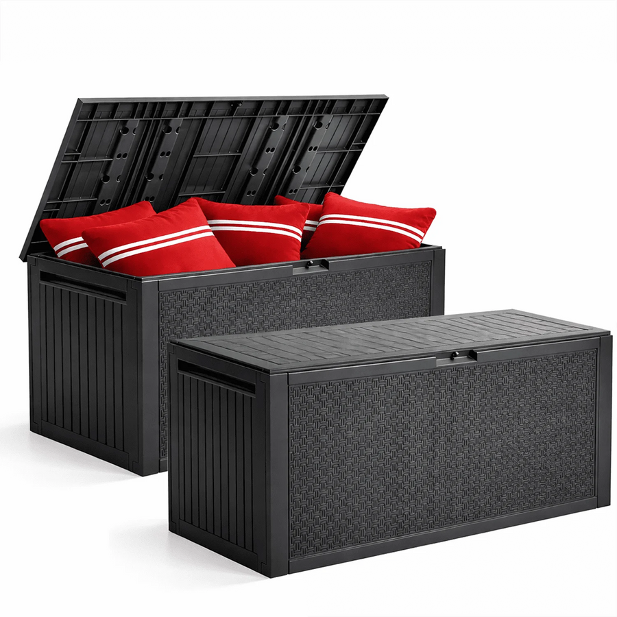 2PCS Deck Box Waterproof, 90gal Outdoor Storage Box Clearance, Patio Resin Storage Bench Lockable for Pool Garden Toy Tool Rattan Furniture Cushions