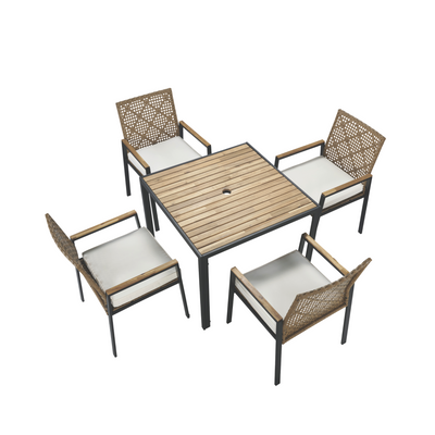 Rattan Patio Dining Set for 4, 5 Pieces Outdoor Dining Table Set With Cushioned Chairs, All-Weather PE Rattan Furniture Set for Garden Yard Deck, Beige Cushion, Brown