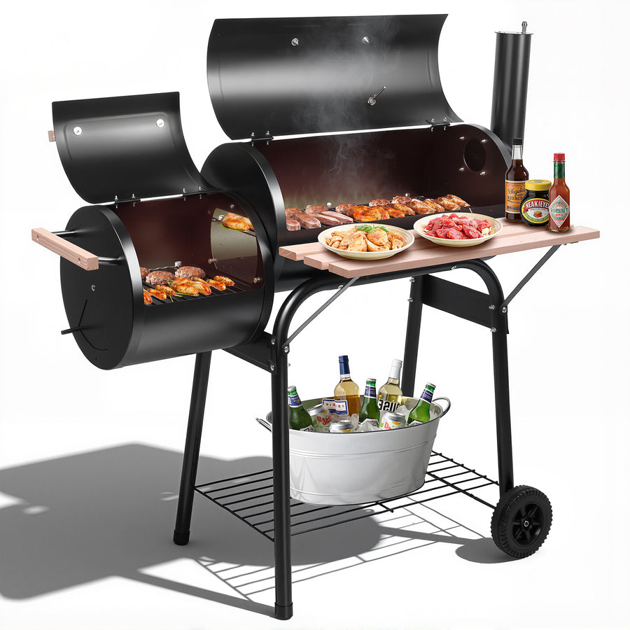 Smoker Grill, Outdoor BBQ Charcoal Grill W/2 Cooking Area, Portable Offset Smoker on Wheels for Patio Backyard Camping