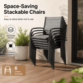 Outdoor Dining Table & Chairs, Patio Dining Sets with 6 Stackable Textilene Armchairs, All-Weather Plastic Furniture Dining Set Steel Frame and Wood Grain Top Table