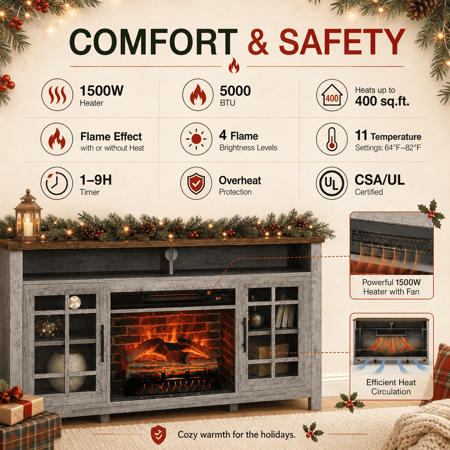 Seizeen Fireplace TV Stand for 60'' TV, 55''L Entertainment Center TV Cabinet, Farmhouse Media Console W/Large Storage, Remote Control for Fireplace, Infrared Heater & Virtual Flame, Gray Wash