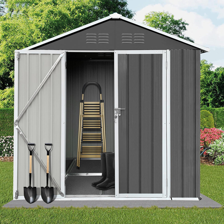 Seizeen Sheds and Outdoor Storage, 6 x 4FT Large Metal Storage Cabinet for Outdoor, Upgraded Sloped Top Garden Sheds All-Weather, Galvanized Steel Tool Shed Lockable with Bottom Frame, Gray