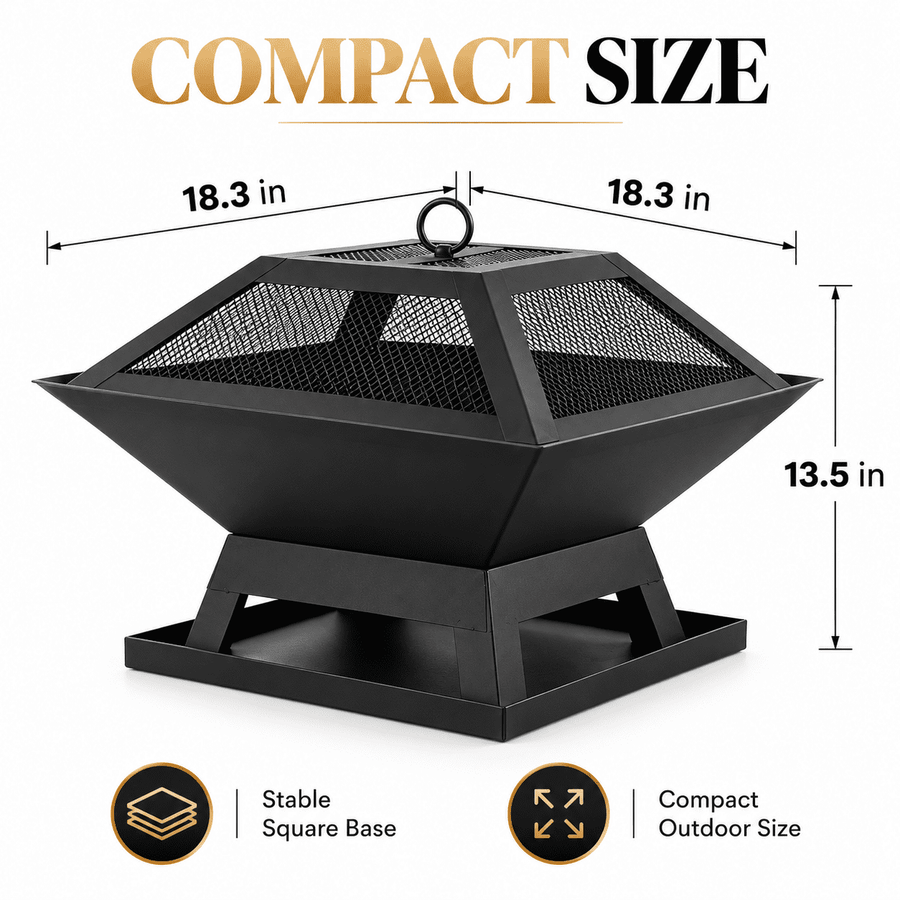 Portable Fire Pit for Outside, Seizeen Wood Burning Fire Pits 19'' Small Size, Square Firepit with Screen Cover, Fire Bowls with Ash Tray, Poker