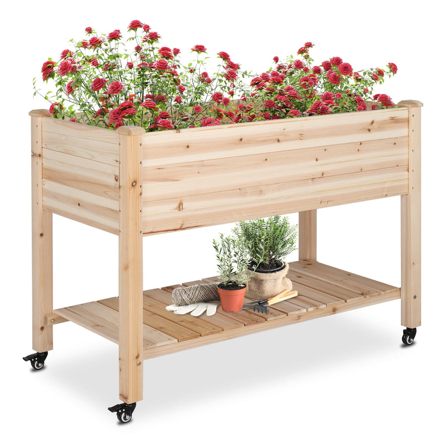 Raised Garden Bed with Legs, Wood Elevated Planter Box on Wheels, Outdoor Planter Boxes with Storage Shelf Gardening for Backyard Balcony, Vegetable, Herb, Flower