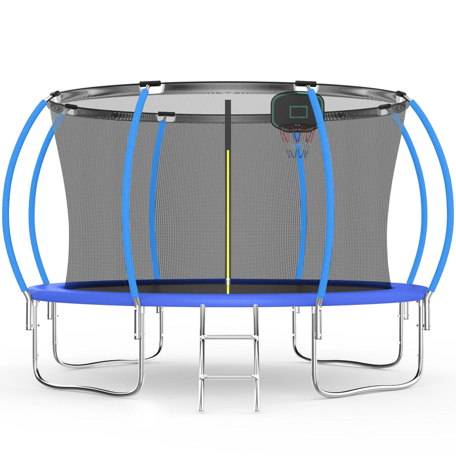 Kids Trampoline with Hoop, Seizeen 12FT  Pumpkin Trampoline for Outdoor All-Weather Trampoline W/ Enclosure Net & Anti-collision Curved Pole, Outdoor Round Trampolines Bears 4-6 Kids, Blue