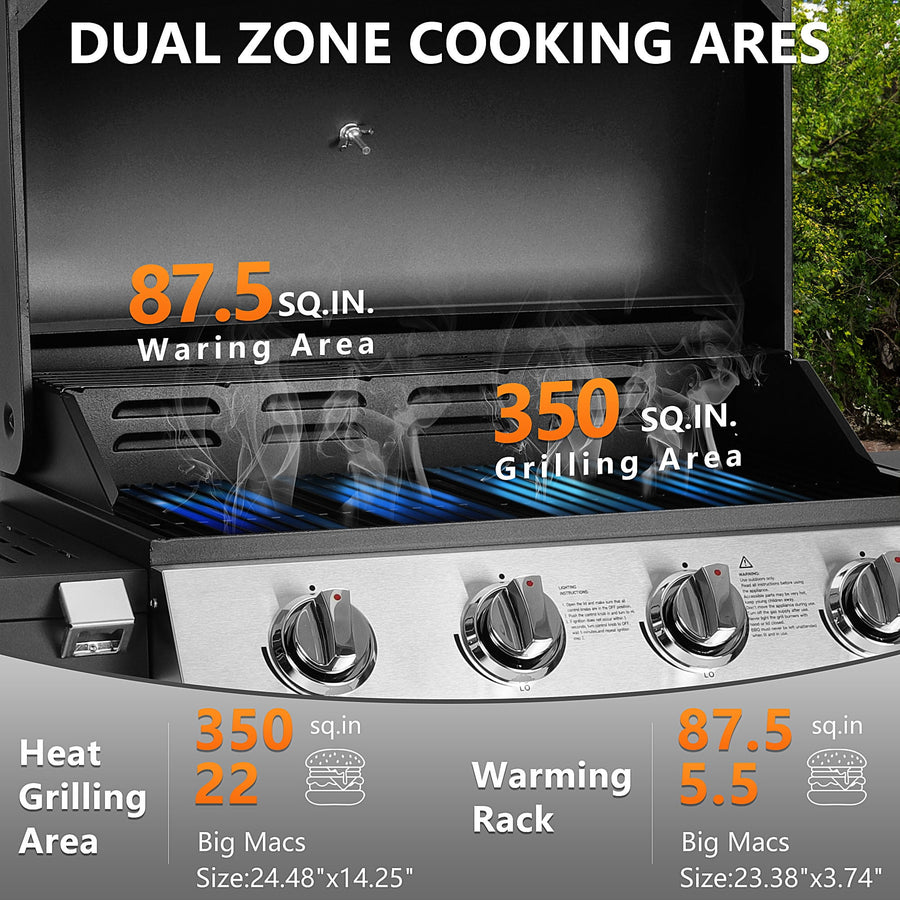 40,000BTU Grill w/Brush, 4-Burner Propane Gas Grill Stainless Steel, Outdoor Camping BBQ Grill on Wheels Portable for Patio Poolside RV