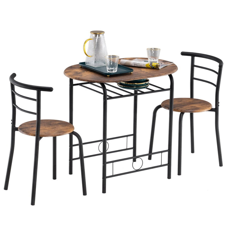 3 Pieces Dining Set Table, Metal Breakfast Table Set for 2 Seats, Simple Bistro Set With Storage Rack, Wooden Dining Table & Chair Set for Home Kitchen Small Space, Brown