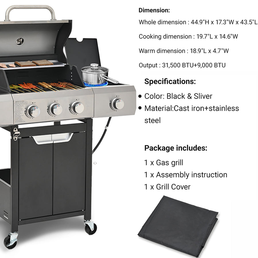 Gas Grill w/Side Burner, 40500BTU Propane Grill with Cover, Stainless Steel Outdoor BBQ 2 Cooking Areas, Portable Grill for Camping Patio