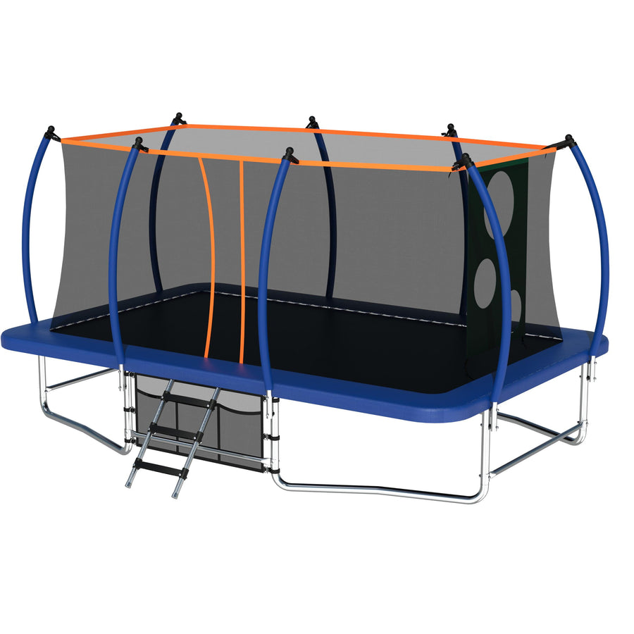 Outdoor Rectangle Trampoline for Kids,10x16FT Adult Large Trampoline with Reinforcement Frame, 2-IN-1 Trampoline W/Soccer Target, Curved Poles Pumpkin Tumbling Trampoline, Blue