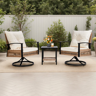 3-Piece Outdoor Swivel Rocking Chairs Set with Coffee Table, Weather-Resistant Patio Furniture for Porch Backyard Poolside, Thick Cushions, Easy Assembly, Durable Wicker 360° Swivel Rocker Bistro Set