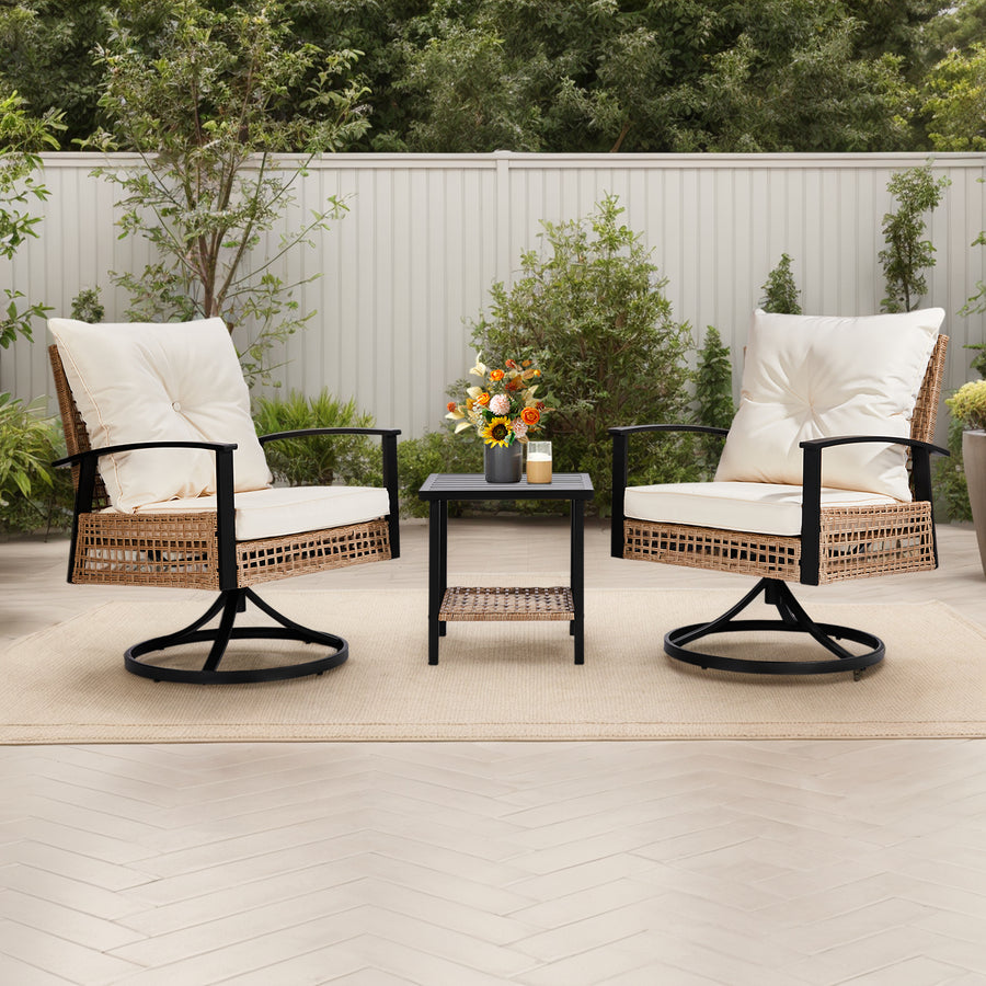 3-Piece Outdoor Swivel Rocking Chairs Set with Coffee Table, Weather-Resistant Patio Furniture for Porch Backyard Poolside, Thick Cushions, Easy Assembly, Durable Wicker 360° Swivel Rocker Bistro Set