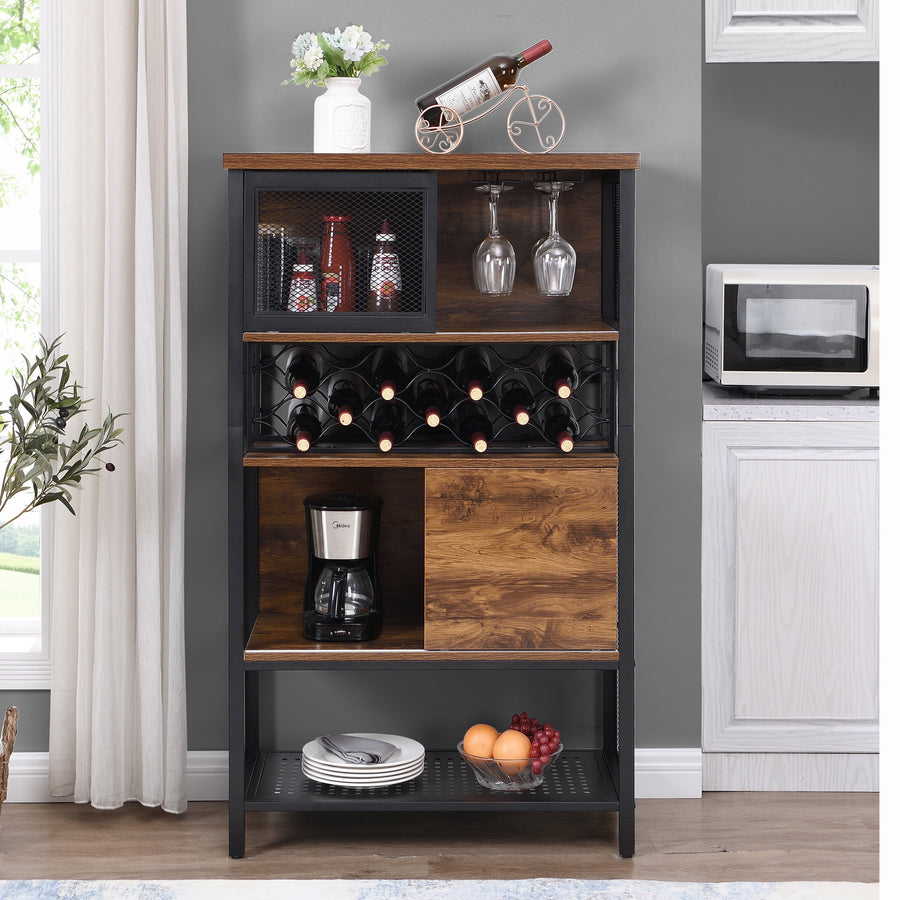 Seizeen Wine Rack Table Coffee Bar, Industrial Metal Bar Cabinet with Wine Storage Rack, 4-Tier Liquor Cabinet with Glass Holder & Shelf for Bar Kitchen Dining Room, Brown