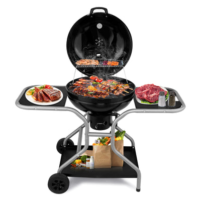 Outdoor Kettle Charcoal Grill, Portable Patio Barbecue on Wheels, 22.5'' Grill with Side Table&Ash Catcher, for Backyard Camping