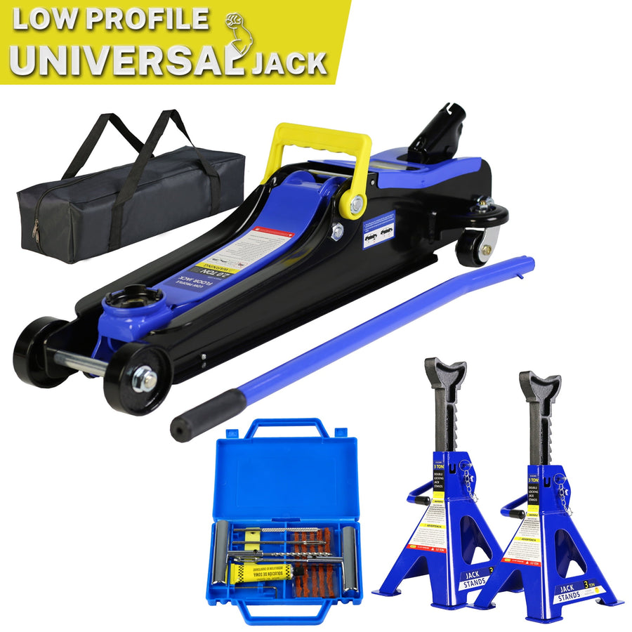 Seizeen Car Jack Set, 2 Ton Low Profile Floor Jack, Two 3T Jack Stand, Tire Repair Kit, L-Wrench, 4000LBS  Trolley Jack for Car, Truck, SUV, Quick Lift 3.3''-15.2''