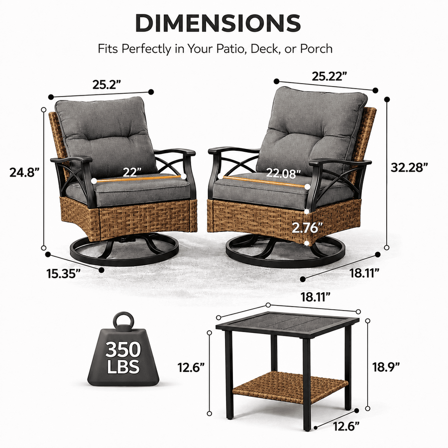 Patio Furniture Set, 3 Pieces Outdoor Swivel Rocker Chairs Set of 2, Rattan Wicker Conversation Set with 2 Rocking Swivel Chairs & Side Table, 360° Rotation Deep Seating for Porch Backyard Deck