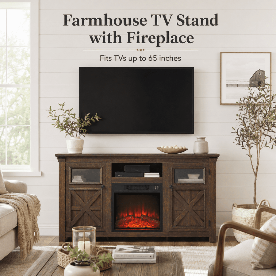 Seizeen Fireplace TV Stand for 60'' TV, 55''L Entertainment Center TV Cabinet, Farmhouse Media Console W/Large Storage, Remote Control for Fireplace, Infrared Heater & Virtual Flame, Gray Wash