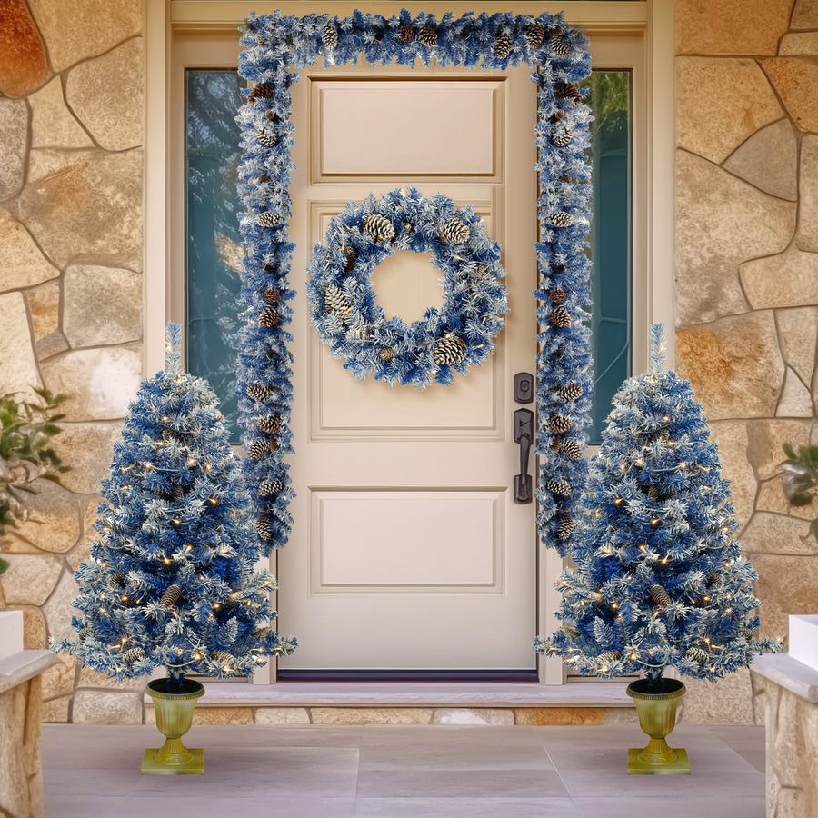 Seizeen Christmas Decoration Set for Door, 4-Piece Christmas Garland & Wreath Entrance Trees, Pre-lit Xmas Artificial Tree Set for Outdoor Indoor Home Decor, with Warm Lights, Blue