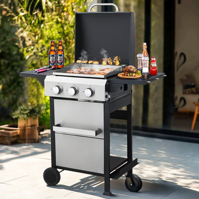 36900BTU Gas Propane Grill, 2-IN-1 Gas Gribble Combo with Grids & Plate, 3 Burner Outdoor Barbecue for Camping Yard RV Party, Foldable Side Table, Hanging Basket