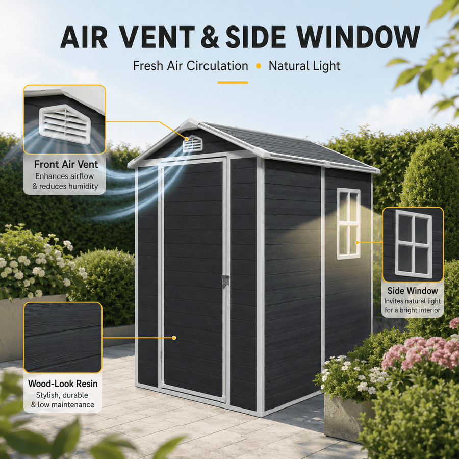 Seizeen 4 x 6 FT Plastic Storage Shed with Floor, Sloped Roof Outdoor Resin Shed with Window & Vents, Lockable Garden Tool Shed for Backyard Patio Lawn, Black