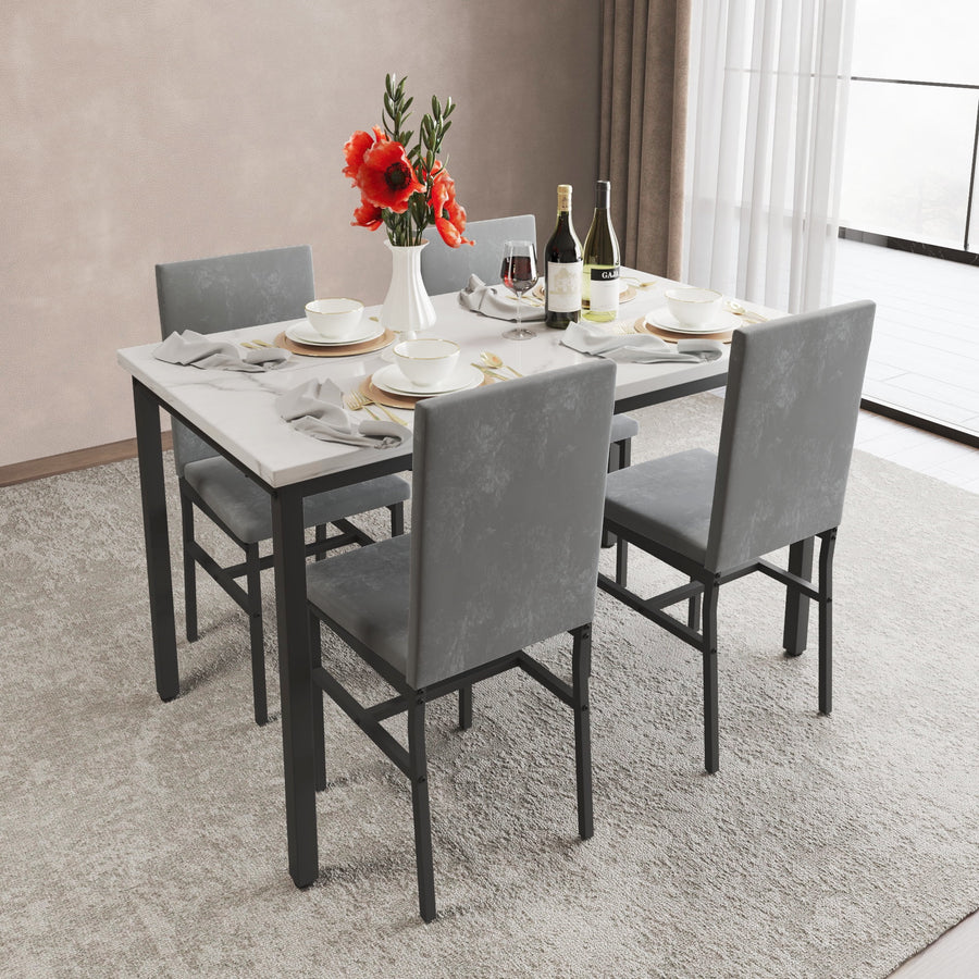 Modern Dining Set for 4, 5-Piece Dining Table and Chairs Set, 1 Table with White Marble Top, 4 Gray Velvet Chairs for Kitchen Dining Room Living Room