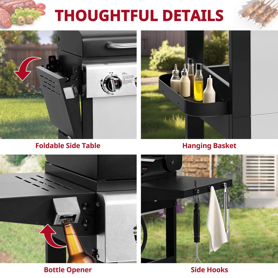4-Burner Propane Gas Grill with Brush, Seizeen 40,000BTU Outdoor BBQ Grill, Stainless Steel Camping Stove with Foldable table, Hanging Basket, Support Legs