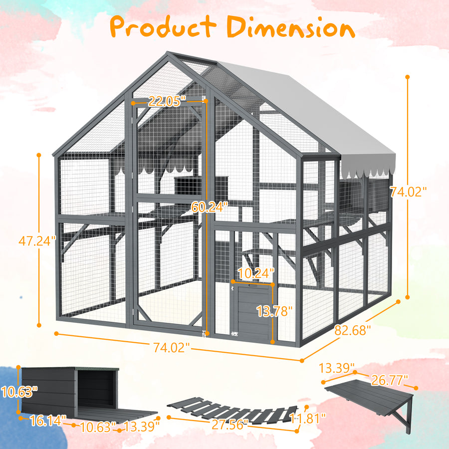 82''L Catio Enclosure for Cars, Seizeen Outdoor Cat House Cat Cage Extra Large Walk-in Enclosure for Kitty Pet w/Waterproof Top, Bridges, Platforms, Rest Boxes