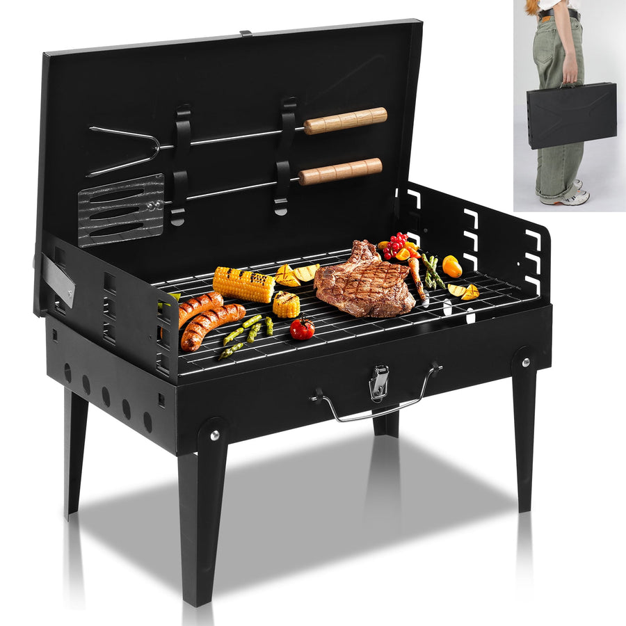 Small Charcoal Grill, 17''Tabletop Portable Grill Kit, Camping BBQ Grill with Handle & Folding Design, Grilling Net, Spit, Spatula