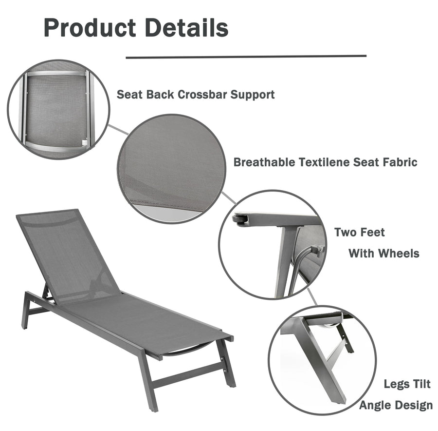Seizeen Outdoor Chaise Lounge, Patio Lounge Chair with Wheels All Weather, Five-Position Adjustable Lounge Chair for Poolside Deck Porch Backyard, Gray Aluminum Frame Outdoor Furniture
